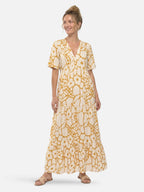 Women's Floral Maxi Dress with V-Neck and Tiered Ruffle Skirt