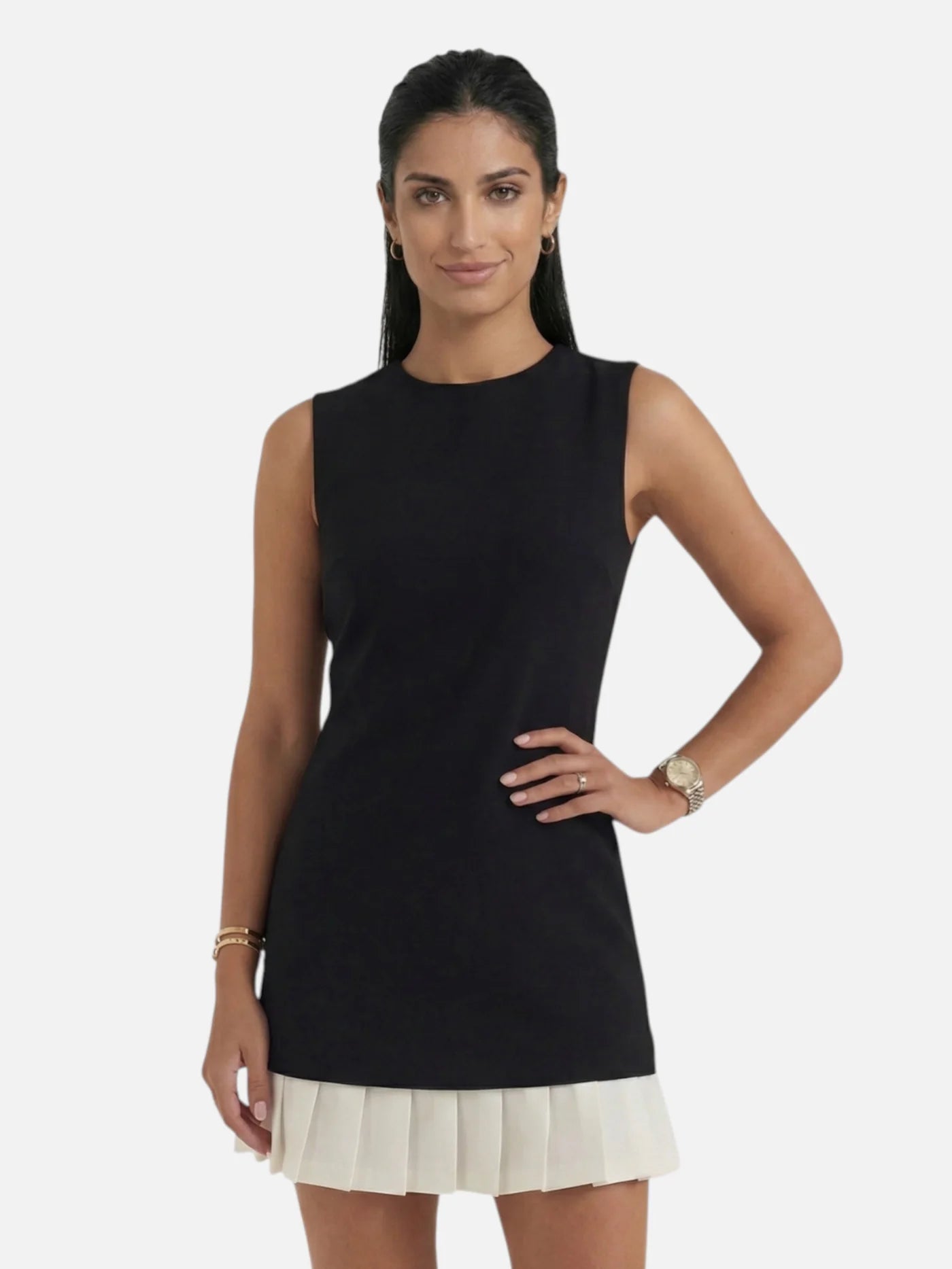 Women’s Sleeveless Mini Shift Dress with Contrast Pleated Hem