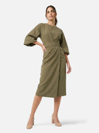 Women's Belted Midi Dress with Kimono Sleeves and Wrap Skirt