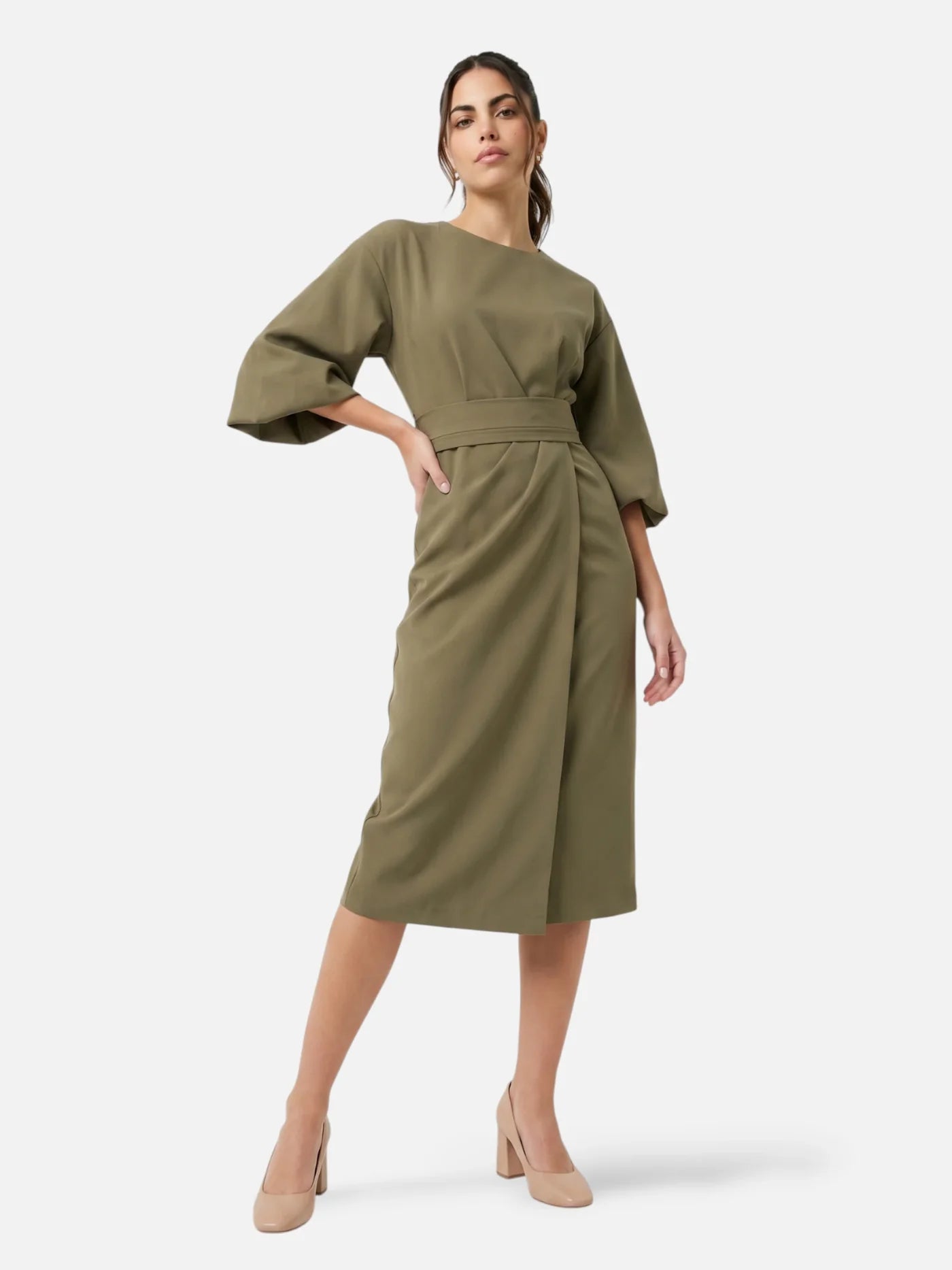 Women's Belted Midi Dress with Kimono Sleeves and Wrap Skirt