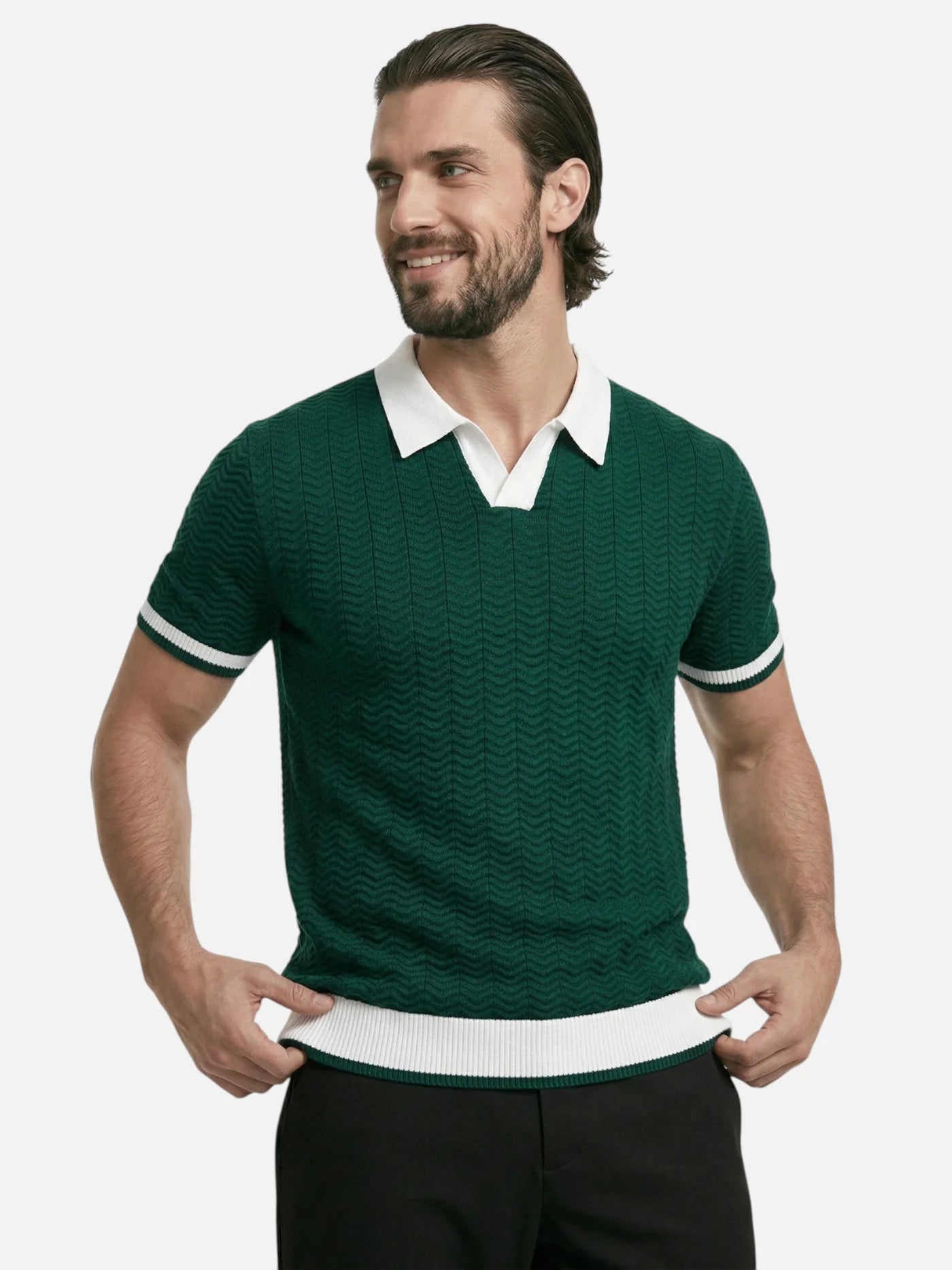 Men’s Textured Knit Polo Shirt Short Sleeve Contrast Collar Lightweight