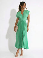 Women’s Pleated Midi Dress with V-Neck