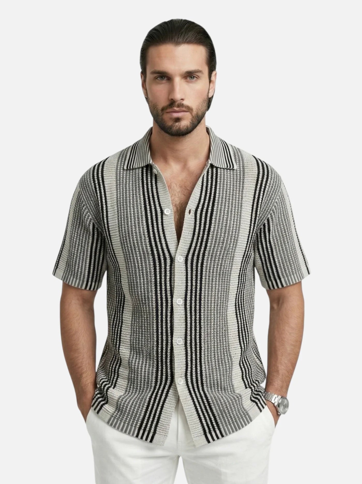 Men’s Striped Short Sleeve Button-Up Shirt – Casual Summer Style