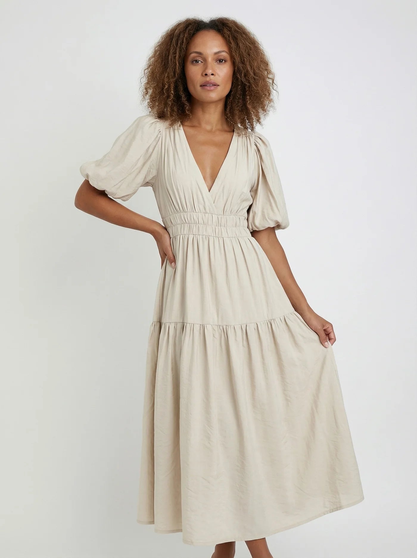 Women’s Elegant Midi Dress with Puff Sleeves