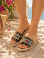 Women's Boho Slide Sandal with Embroidered Strap and Braided Sole