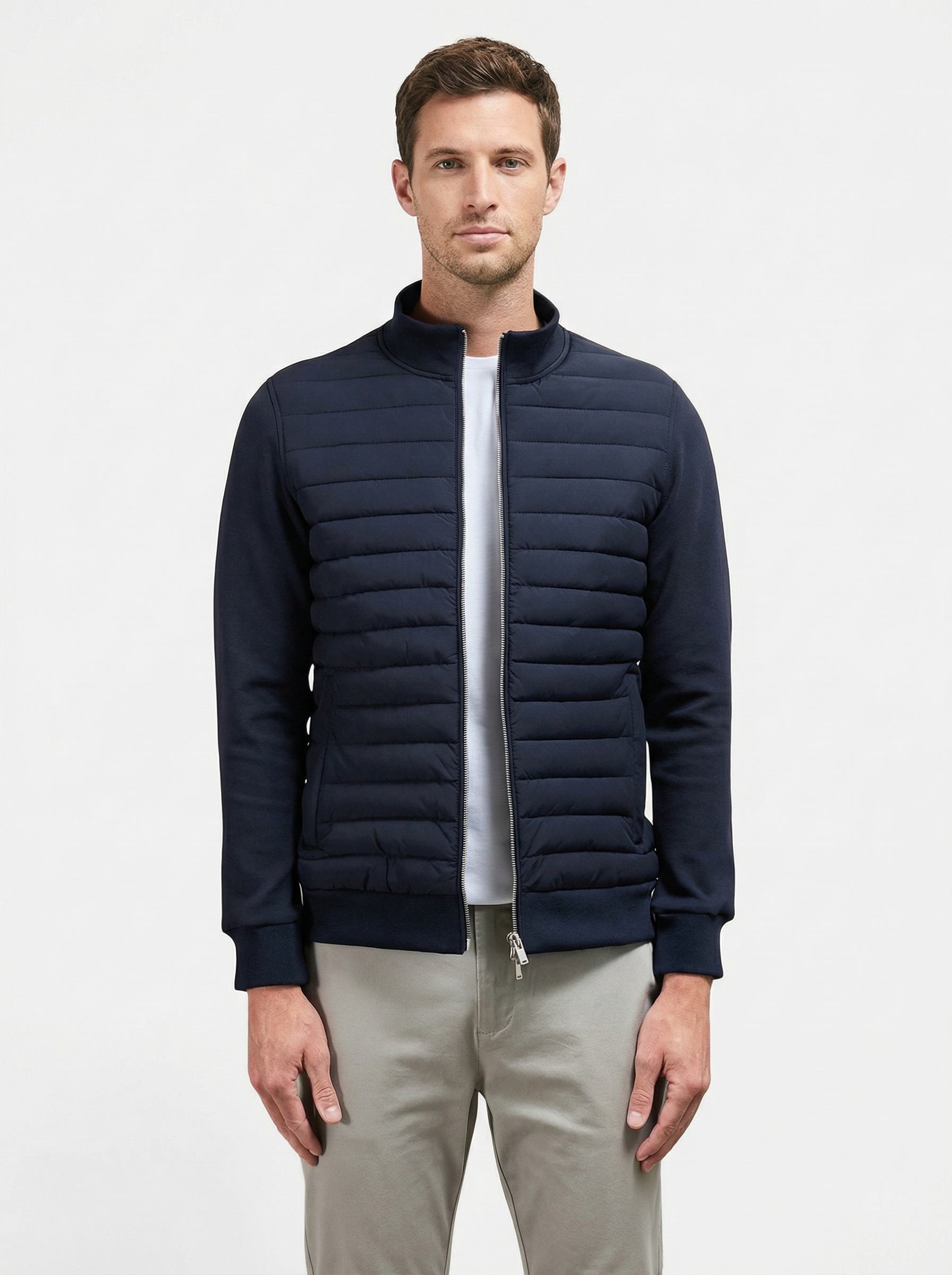 Men’s Quilted Hybrid Zip-Up Jacket with Stand Collar