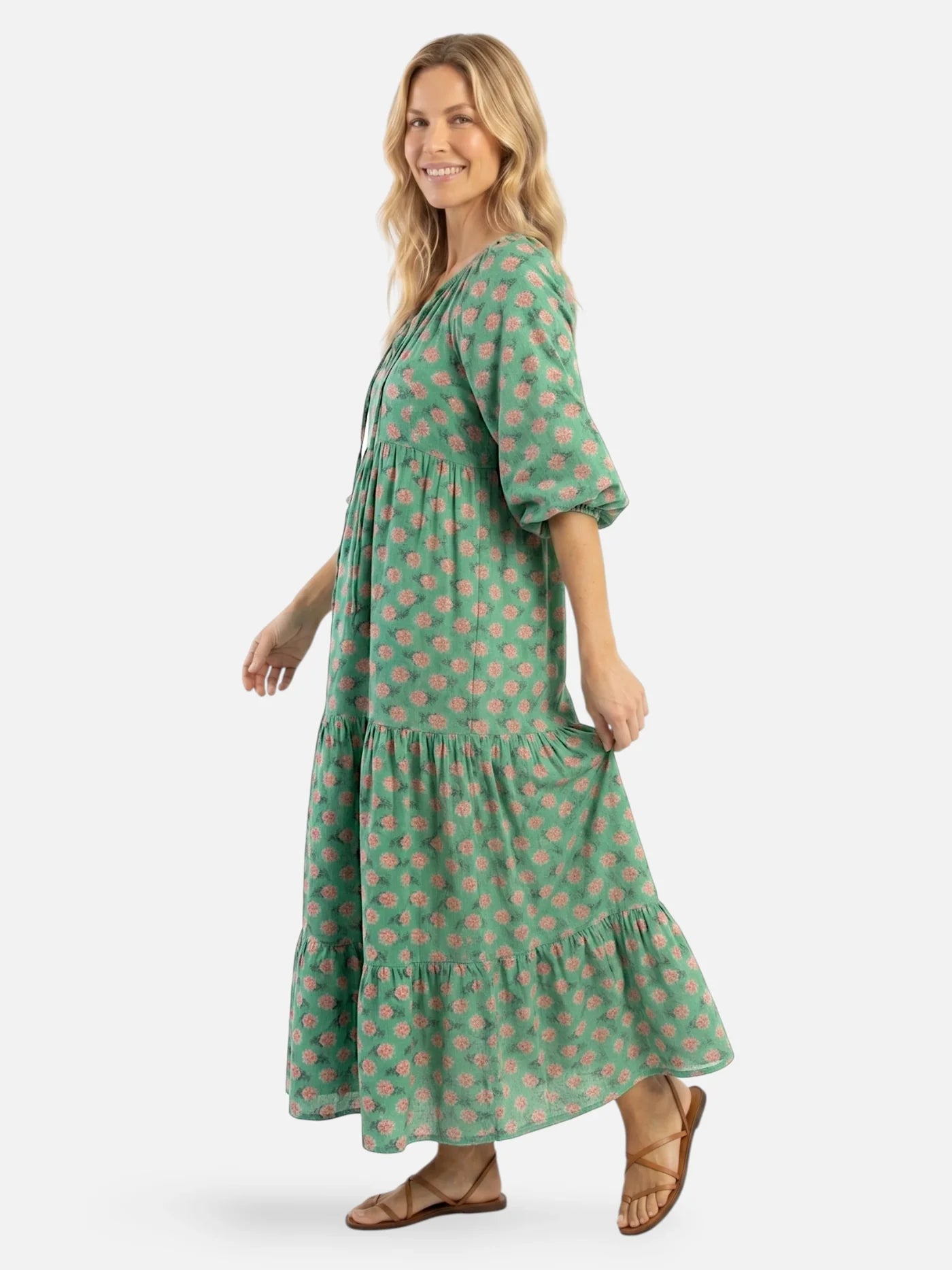 Women's Floral Maxi Dress with V-Neck, Puff Sleeves and Tiered Skirt