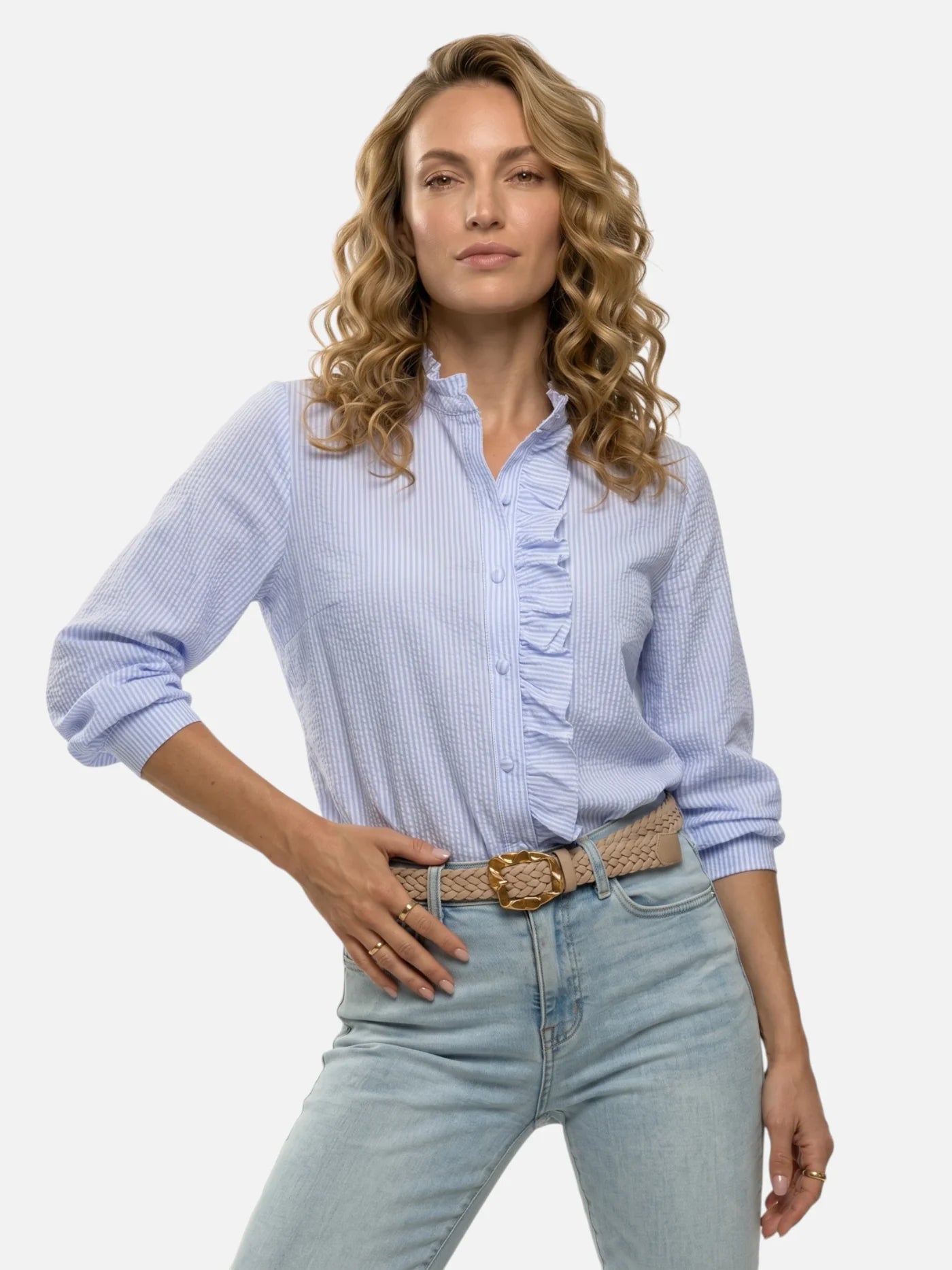 Women's Textured Striped Blouse with Ruffle Details