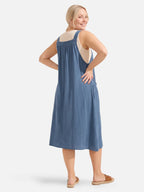 Women's Midi Pinafore Dress with Adjustable Straps and Side Pockets