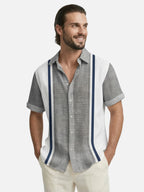 Men’s Short Sleeve Summer Button-Up Shirt with Vertical Stripes