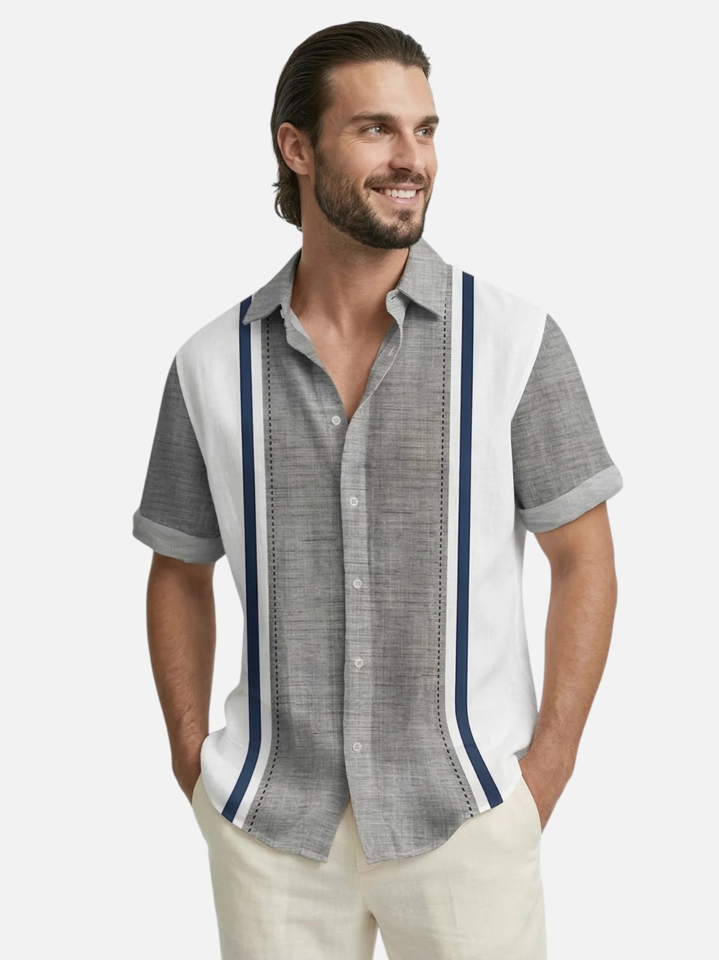 Men’s Short Sleeve Summer Button-Up Shirt with Vertical Stripes