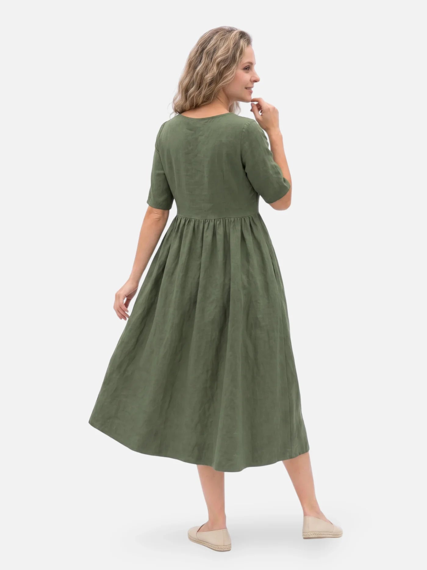 Women's Midi Dress with Linen-Look, Short Sleeves and Pockets