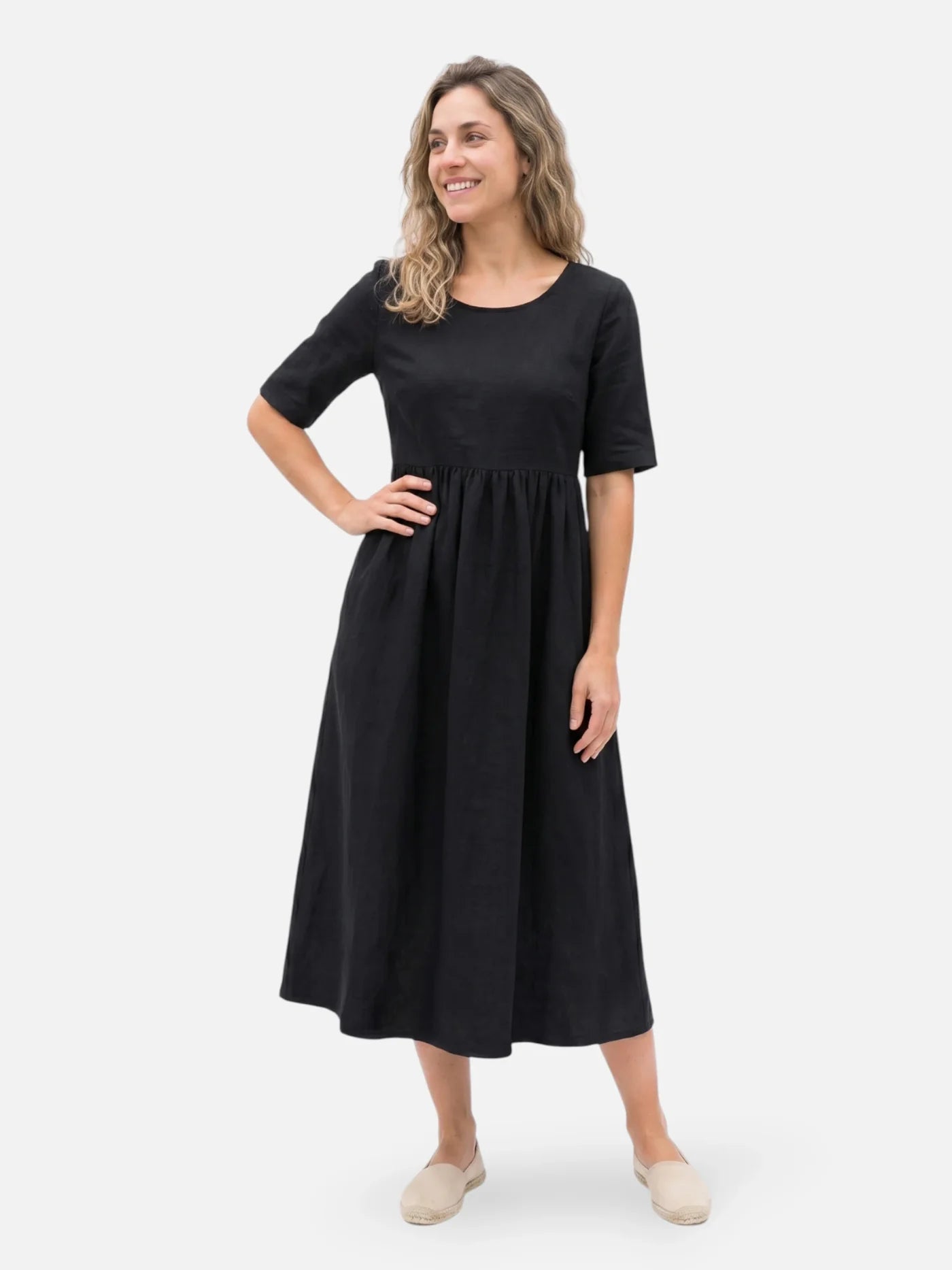 the linen short sleeve scoop midi dress Women's – Marlowe Club Evening Gown Gala Dress crossbody pleating or relaxed summer occasions. Size:48x30