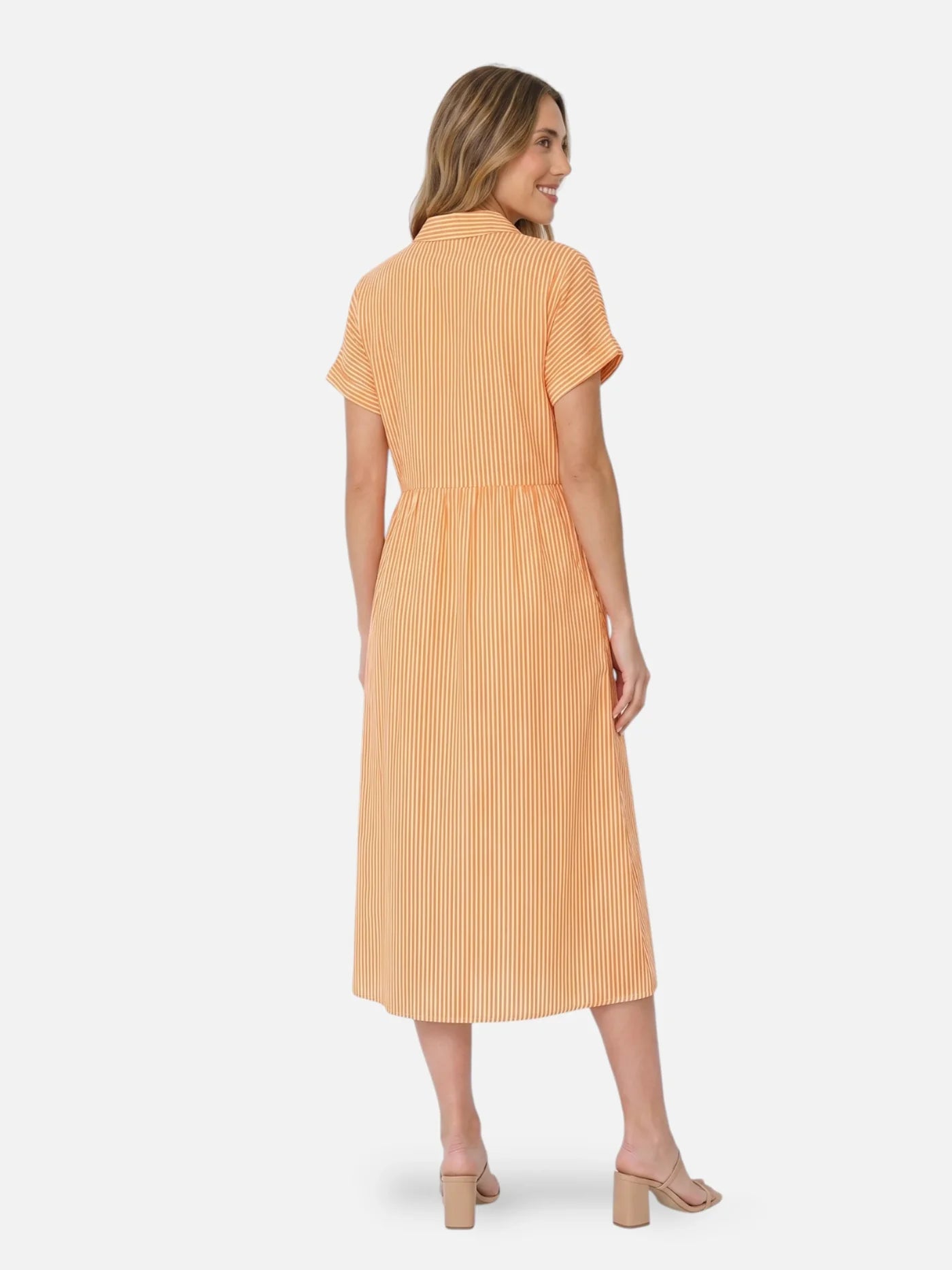 Women's Striped Midi Shirt Dress with Collar and Flared Skirt