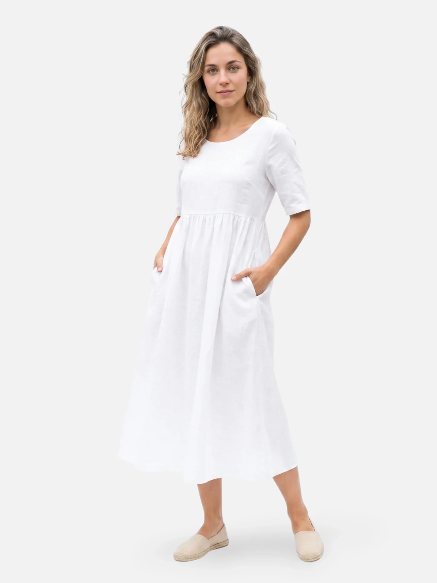 Women's Midi Dress with Linen-Look, Short Sleeves and Pockets