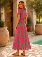 Women's Floral Wrap Maxi Dress with Short Sleeves and Tie Waist