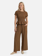 Women’s Textured Matching Set with Short Sleeve Top and Wide Leg Pants