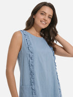 Women's Sleeveless Dress with Vertical Ruffle Trim and Pockets