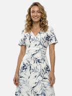 Women’s Leaf Print Midi Dress with V Neck and Flowy A-Line Fit