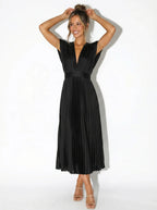 Women’s Pleated Midi Dress with V-Neck