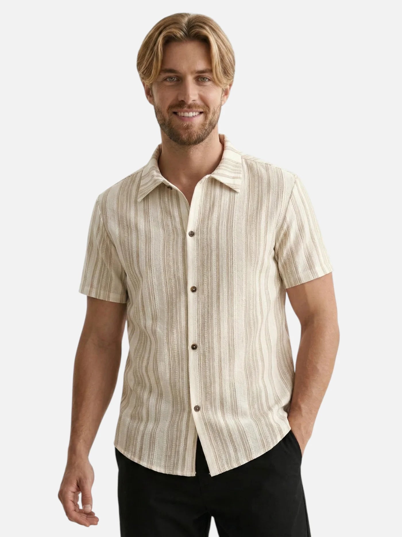 Men’s Short Sleeve Summer Button-Up Shirt with Subtle Stripes