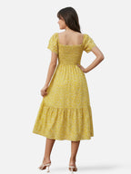 Women’s Floral Midi Dress with Smocked Waist and Ruffle Sleeves