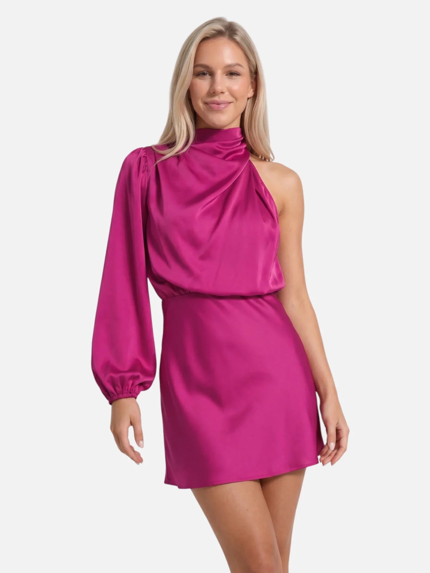 Women's Satin One-Shoulder Mini Dress with Draped Mock Neck