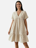 Women’s Flowy Mini Dress with V Neck Short Sleeves and Textured Fabric