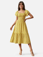 Women’s Floral Midi Dress with Smocked Waist and Ruffle Sleeves