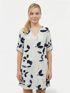Women’s V Neck Mini Dress with Leaf Print and Rolled Short Sleeves
