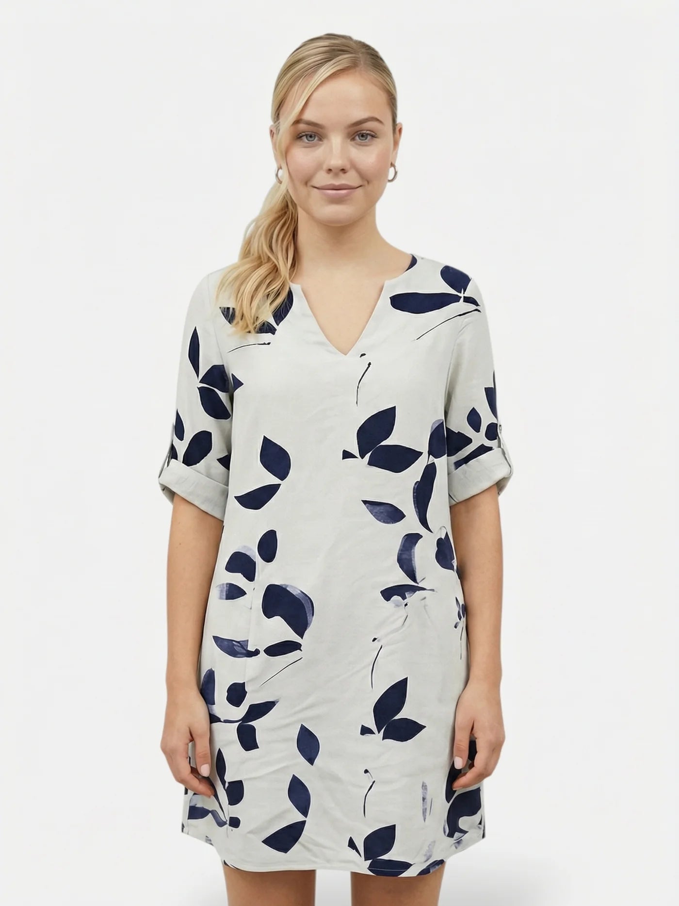 Women’s V Neck Mini Dress with Leaf Print and Rolled Short Sleeves