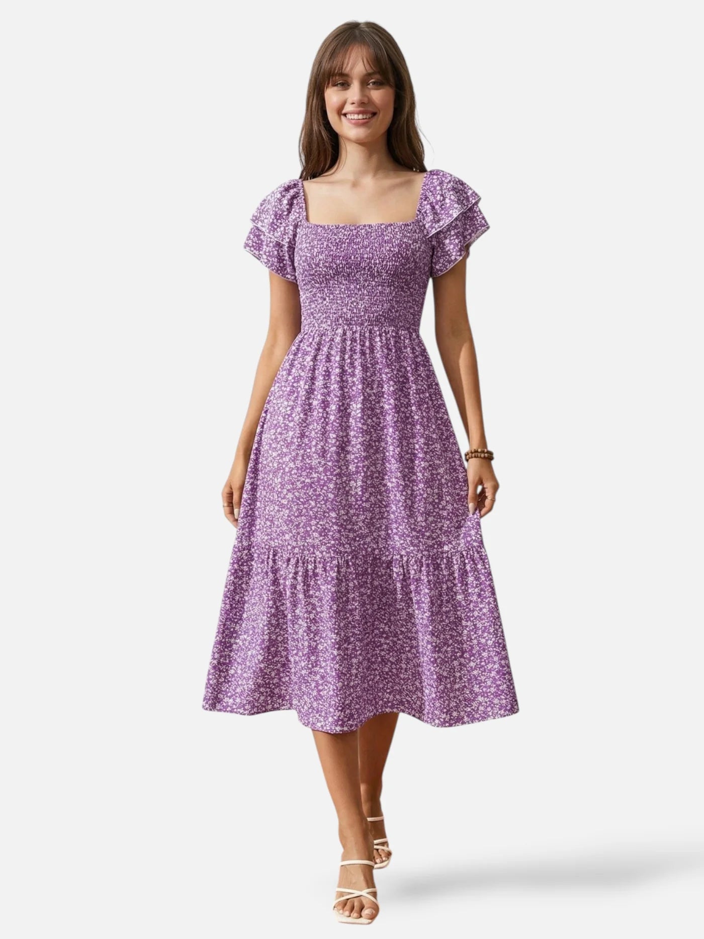 Women’s Floral Midi Dress with Smocked Waist and Ruffle Sleeves