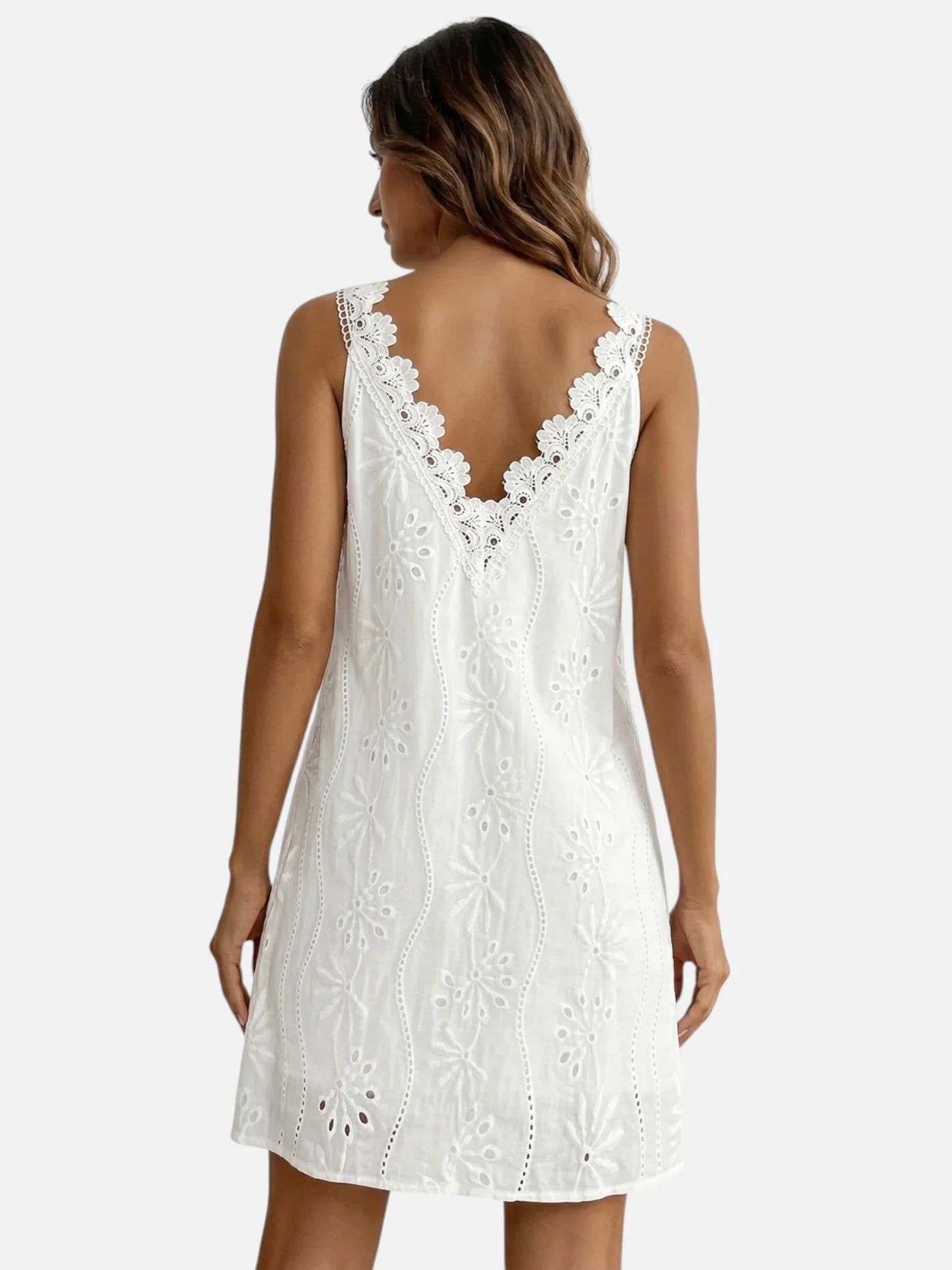 Women’s White Eyelet Lace Dress with V Neck and Flowy Fit
