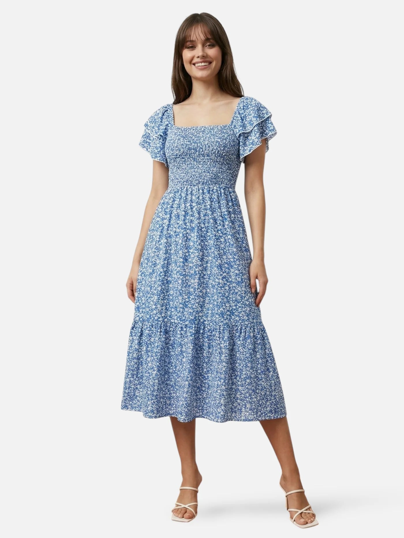 Women’s Floral Midi Dress with Smocked Waist and Ruffle Sleeves