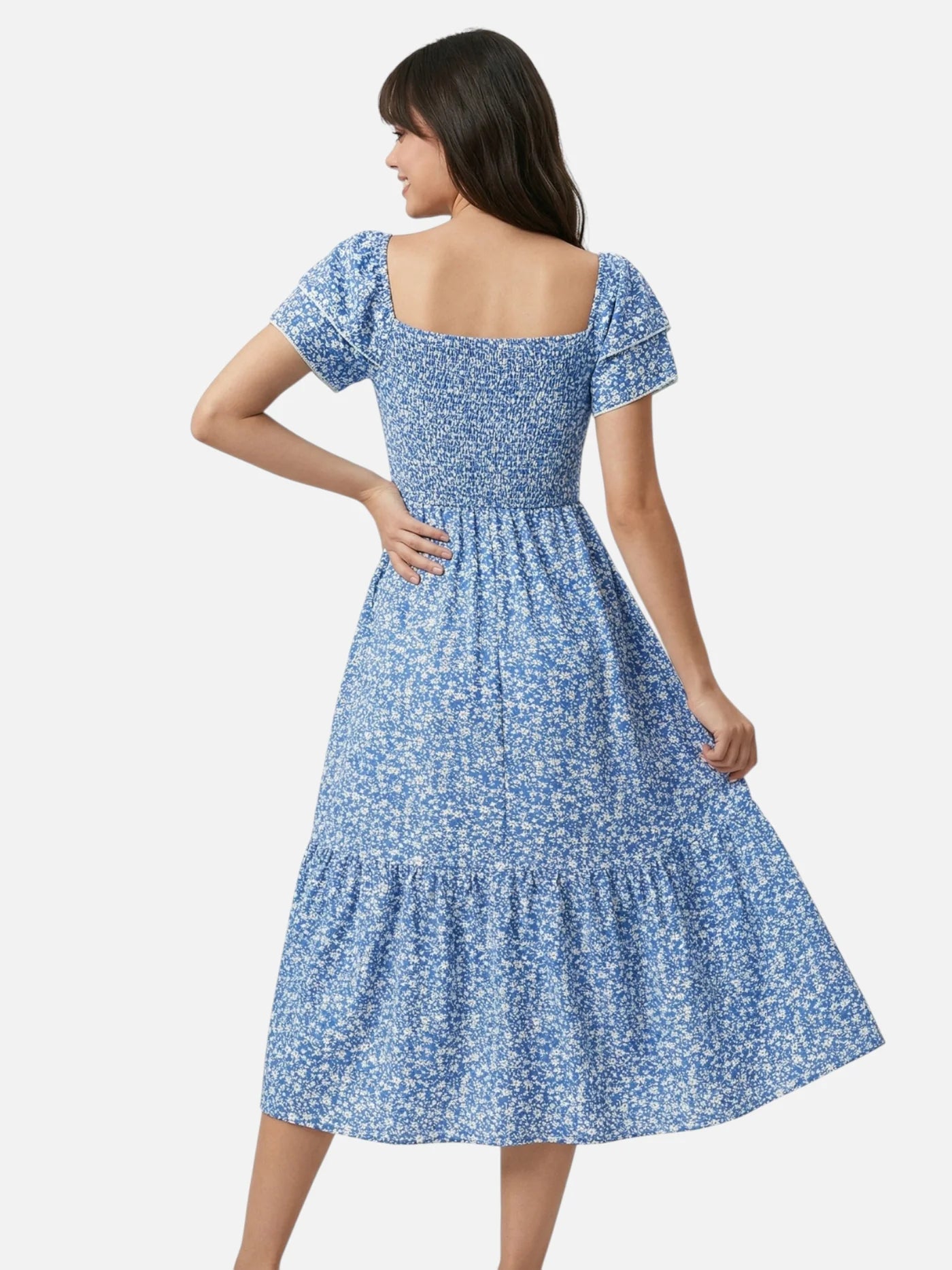 Women’s Floral Midi Dress with Smocked Waist and Ruffle Sleeves