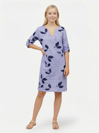 Women’s V Neck Mini Dress with Leaf Print and Rolled Short Sleeves
