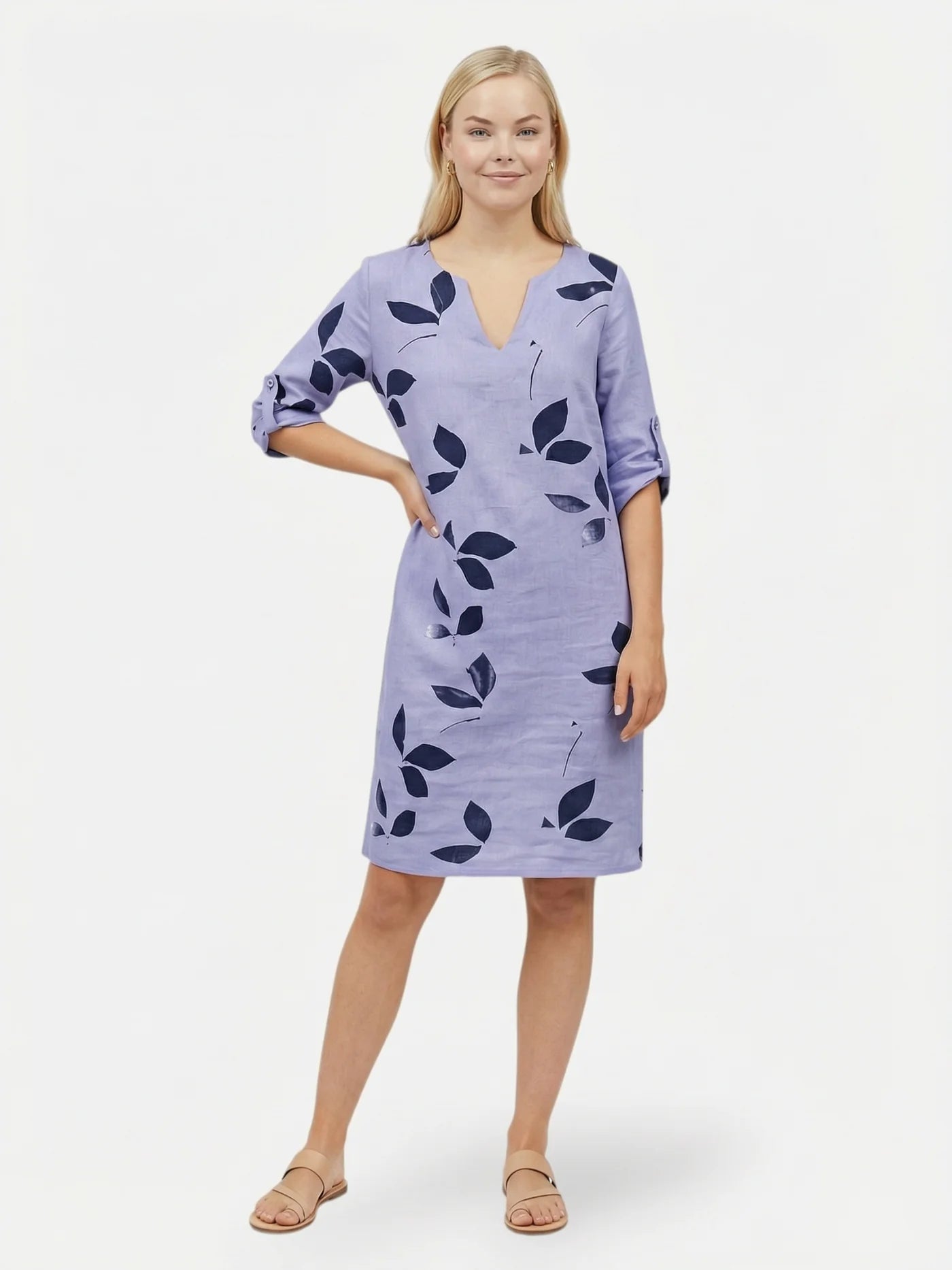 Women’s V Neck Mini Dress with Leaf Print and Rolled Short Sleeves