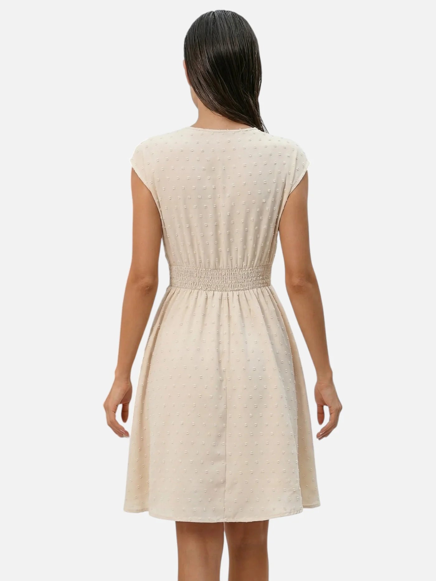 Women’s Flowy Mini Dress with Lace V Neck and Smocked Waist