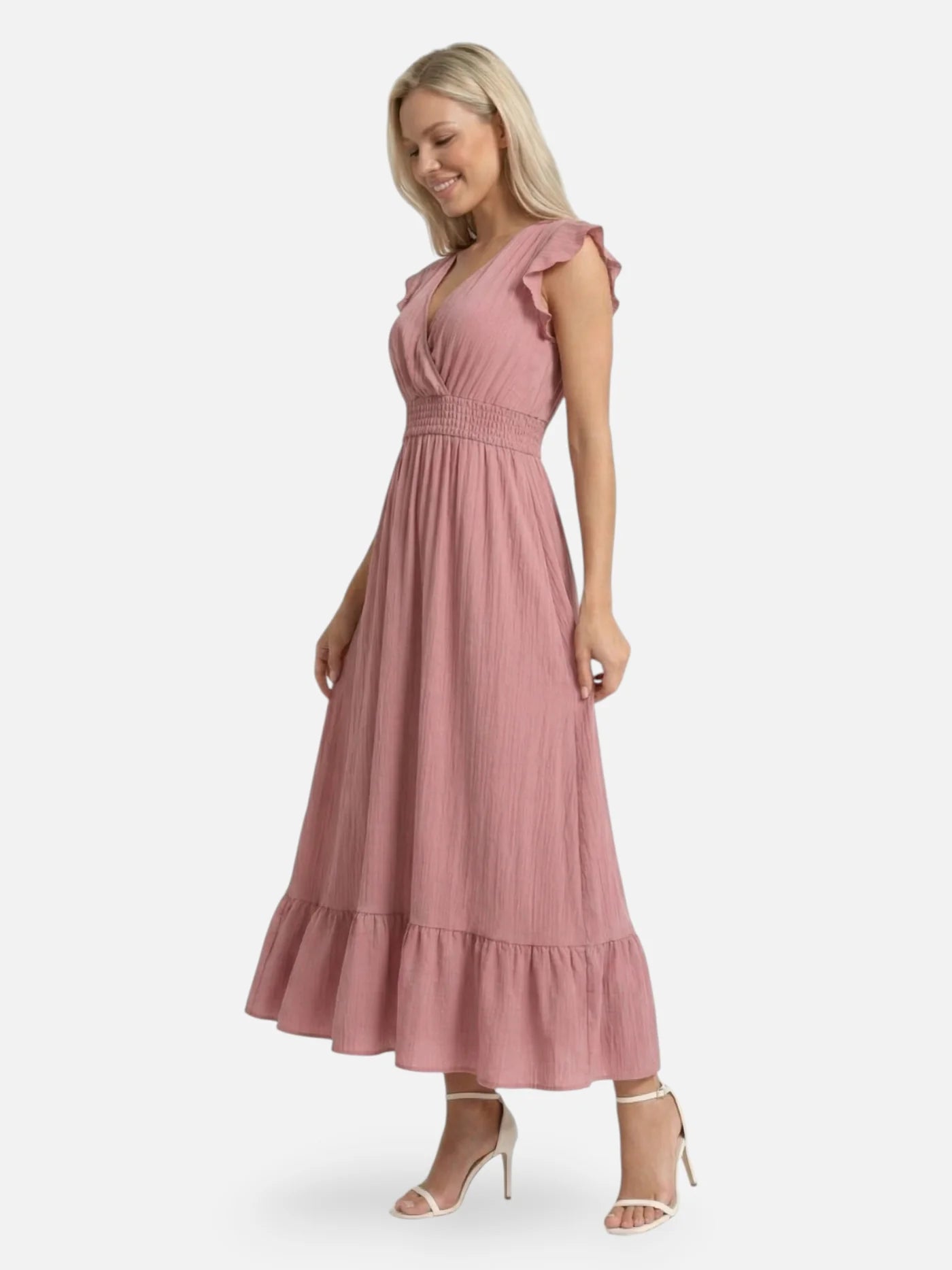Women’s Flowy Maxi Dress with V Neck Ruffle Sleeves and Smocked Waist