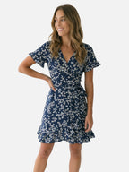 Women’s Floral Wrap Mini Dress with Short Sleeves and Ruffle Hem