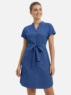 Women’s Belted Dress with Split Neck and Short Sleeves