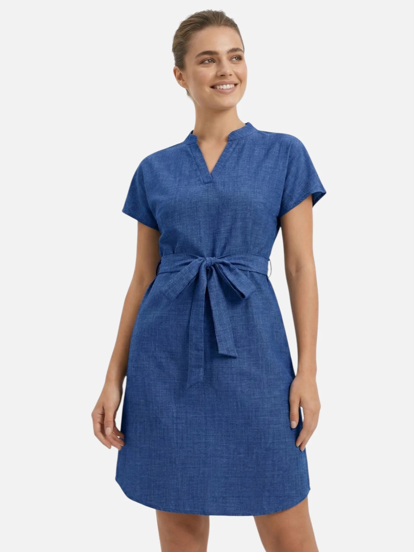 Women’s Belted Dress with Split Neck and Short Sleeves