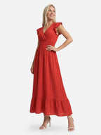Women’s Flowy Maxi Dress with V Neck Ruffle Sleeves and Smocked Waist