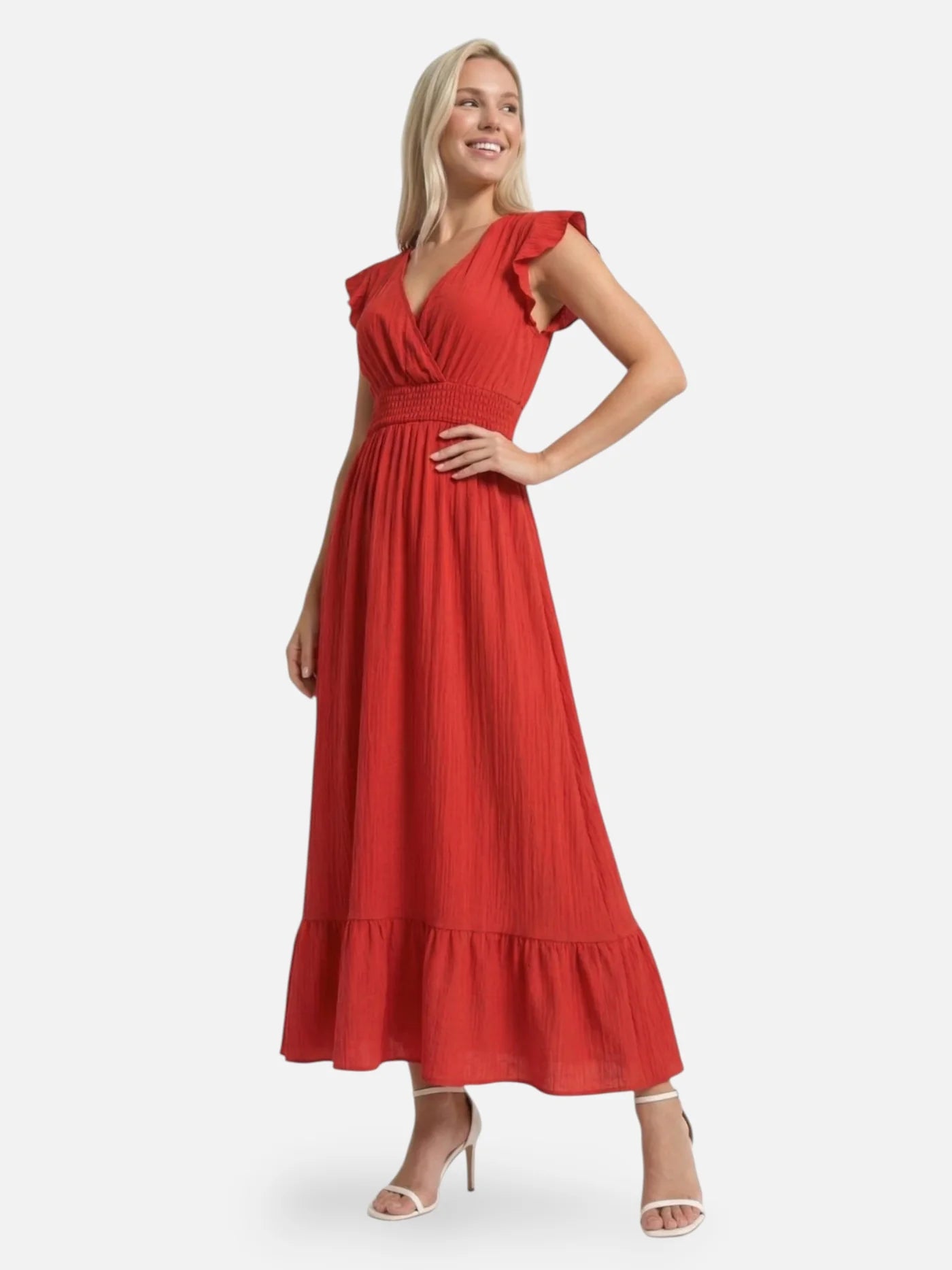 Women’s Flowy Maxi Dress with V Neck Ruffle Sleeves and Smocked Waist