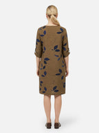 Women’s V Neck Mini Dress with Leaf Print and Rolled Short Sleeves