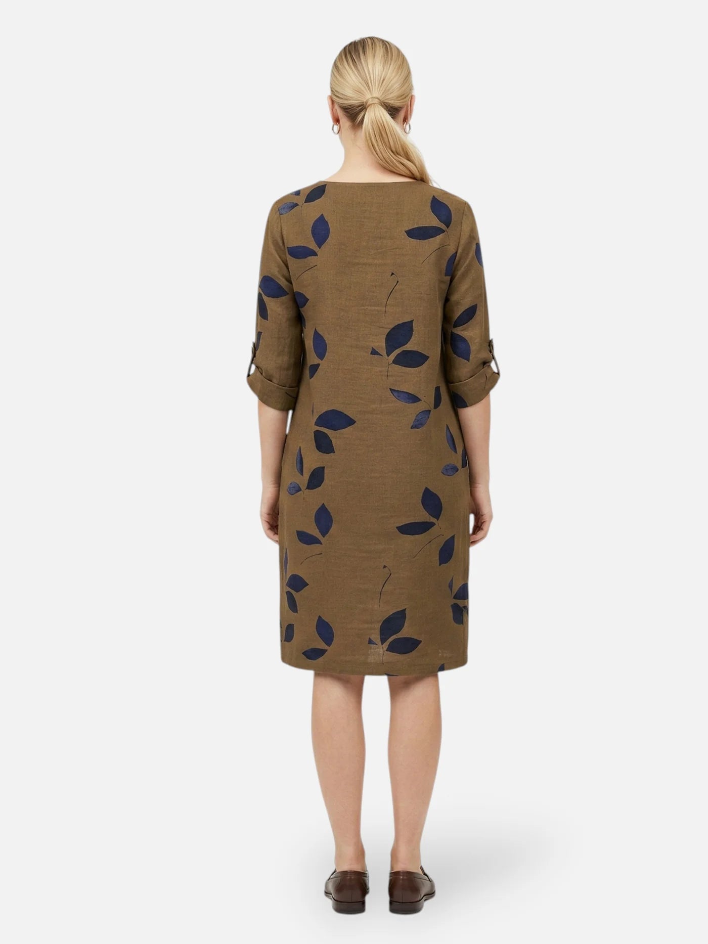 Women’s V Neck Mini Dress with Leaf Print and Rolled Short Sleeves