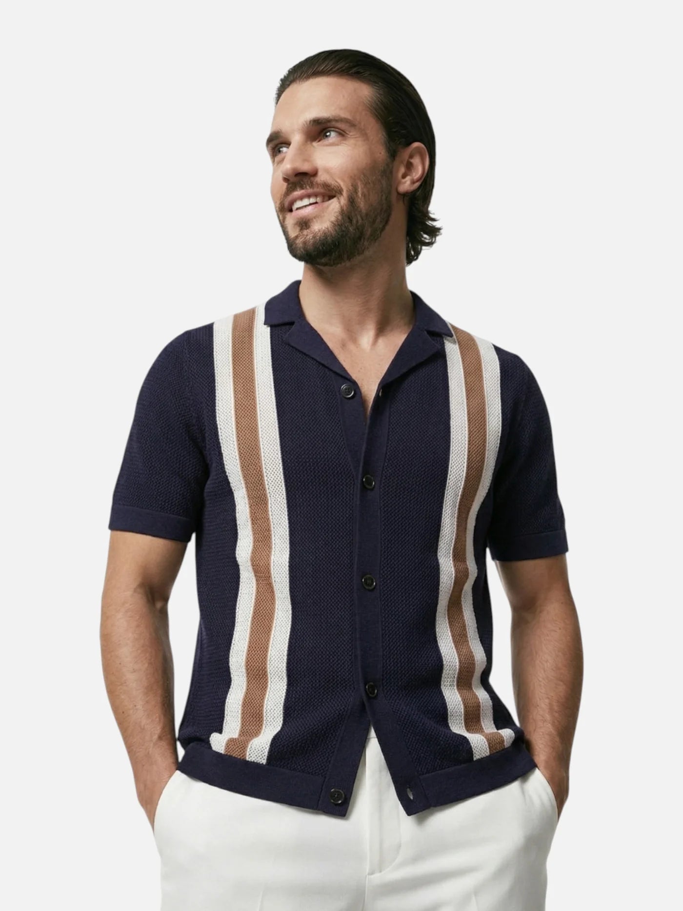 Men’s Knit Polo Shirt with Open Collar and Vertical Stripes