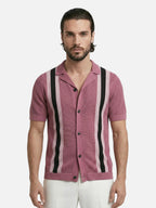 Men’s Knit Polo Shirt with Open Collar and Vertical Stripes