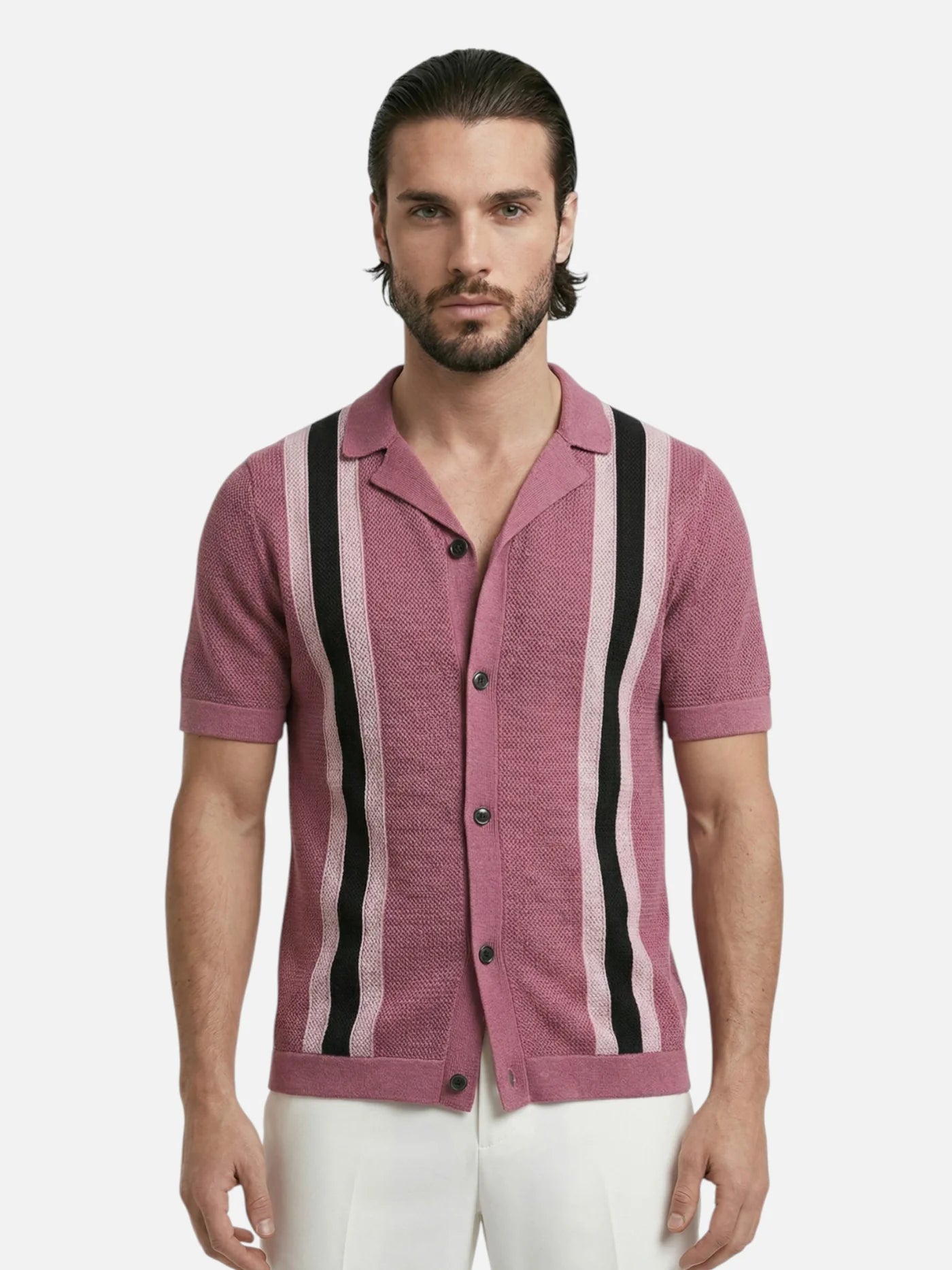Men’s Knit Polo Shirt with Open Collar and Vertical Stripes