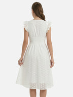 Women’s Broderie Midi Dress with V Neck Ruffle Sleeves and Smocked Waist